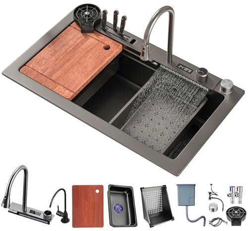 Fregadero De Cascada De Cocina En Acero Inoxidable Negro, Fregadero De Un Seno Con Grifo Extraíble Y Revestimiento Nano, Ideal Para Uso En Cocina Y Barra(Black#B01,75x45cm)