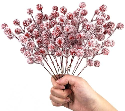 OTKARXUS Christmas Artificial Red Berries Stems,20Pcs Snowy Holly Berries Picks,Winter Berry Branches for Christmas Wreath Making Supplies Xmas Tree Decorations Home Party Decor (Red Berry)