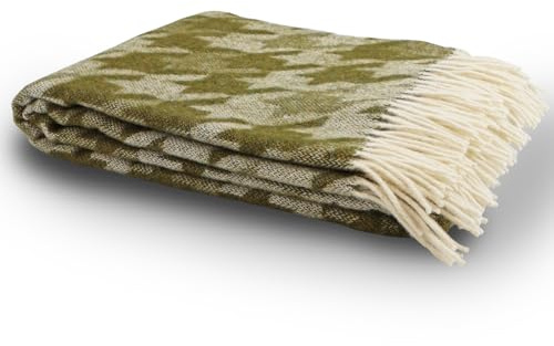 GLAESER Wohndecke Fair de Luxe | Sofadecke/Couchdecke | Kuschelige Tagesdecke | Flauschig & Kuschlig (Neuseelandwolle, Bianco V-Olive Drab 3)