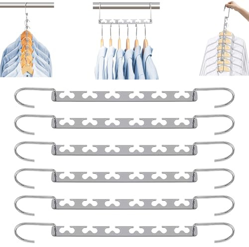 Kleiderbügel Platzsparend, 6 Stück Metall Kleiderbügel, Mehrfach Kleiderbügel Verbindungshaken, Platz Max Kleiderbügel, Multipurpose Hanger kann 12 Kleidungsstücke aufnehmen, für Jeans und Anzug