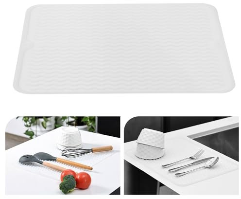 KitchenRaku Tappetino scolapiatti 30x40cm, Resistente al calore,Sottobicchieri in silicone antiscivolo, Presine, Tovaglietta, Ripiano per cucchiai (Trasparente)