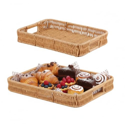 Fvstar Woven Serving Tray with Handles,Handmade Poly Wicker Tray for Storage Breakfast,Drinks,Fruits,Rectangular Basket Organizer Platters for Coffee Table Centerpiece Decor (2, Light Color)