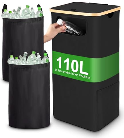 FAOKZE 110L Pfandflaschen Sammelbehälter mit 2 abnehmbarem Beutel,Sammelbehälter für Pfandflaschen,Recyclingbehälter,Flaschensammler mit Deckel/Loch/Seitenbeutel für Küche & Abstellraum,Schwarz