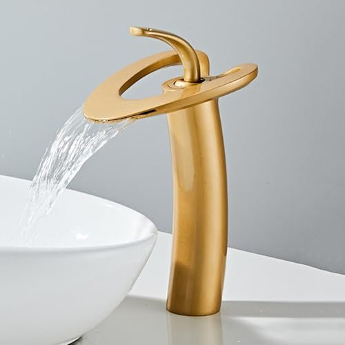 ZYCDP Armatur Waschbecken Wasserfall Messing, Bad Wasserhahn Kalt und Warm Einhand Mattes Gold