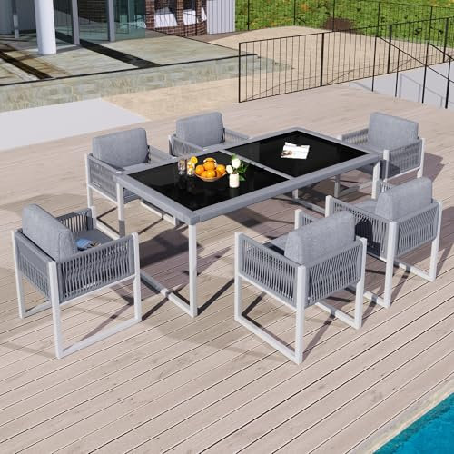 Kayan Gartenmöbel Set, Garten Essgruppe 6 Personen, Gartentisch Set mit 6 Stühle und Bequemen Kissen, Terrassenmöbel Loungemöbel Gartengarnitur Outdoor Sitzgruppe Essgruppe, Grau