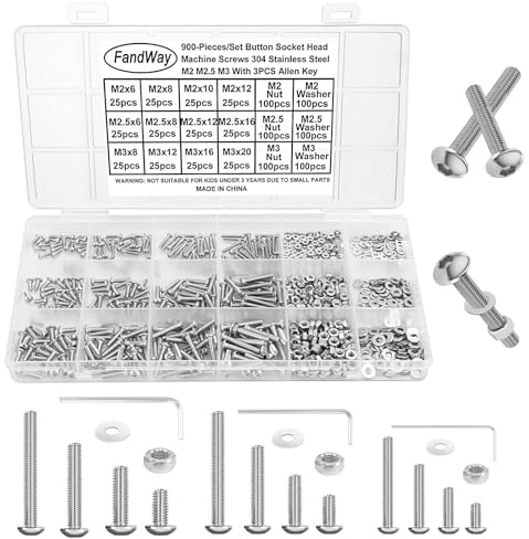 FandWay 900 Pièces Vis à Six Pans Creux,M2 M2.5 M3 Jeu de Boulon et écrous Rondelles,Vis à Métaux Tête Bombée Hexagonale,Boulon a Tête Cylindrique en Acier Inoxydable 304,Avec 3 Clés Hexagonales.
