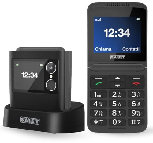 SAIET Cellulare per Anziani Compatto, Flip Phone 4G Facile da Usare con Tasti Grandi, Display a Colori e Tasto SOS, Telefono a Conchiglia con Base di Ricarica, Bluetooth e Fotocamera - Joy Flip