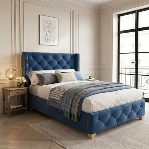PUGSDRLY Letto 90x200cm con Rete a Doghe, Letto Singolo con Testata Imbottita, Tessuto in Velluto, Design con Rivetti, Piedi in Legno, per Bambini Adolescenti Adulti, senza Materasso, Blu