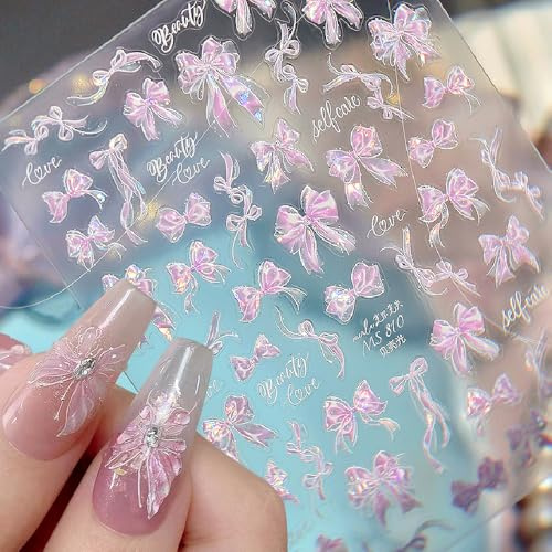 Pink Bow Nail Sticker Träumerische Rosa Schleifen Nagelsticker Selbstklebend Nagelaufkleber für Frauen Niedliche Schleifen Nageldesign Aufkleber Nägel Zubehör Nagel Sticker Bowknot Nail Art Stickers