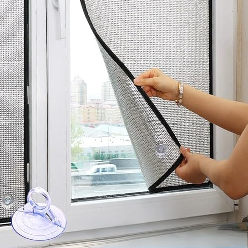 Sichtschutz Sonnenschutzfolie Reflektierende Fensterfolie, 99% UV-Schutz Wärmeisolierung Fenster Innen oder Außen, 8 mm Dicke Aluminiumfolie Isolierfolie mit Saugnapf(150cm x 150cm)