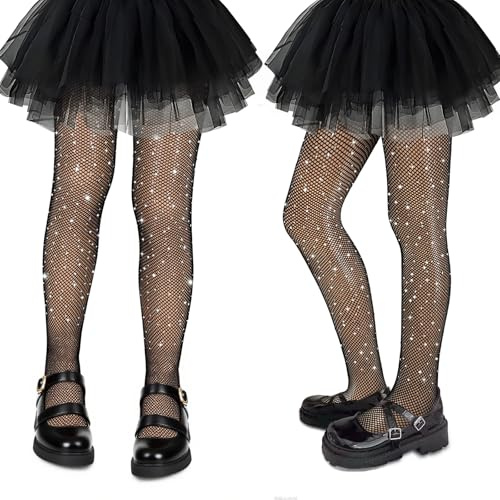 QIZHIQIAMY Medias Halloween Niña, 2 PCS Medias Rejilla Niña, Medias de Red para Niñas, Leotardos Halloween Niña con Diamantes de Imitación