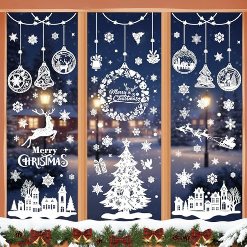 Fensterbilder Weihnachten, 244 Weihnachtsdeko Fenster Selbstklebend, PVC Fensteraufkleber Weihnachten Wiederverwendbar, Weiß Winter Fenstersticker Deko für Glas Tür Fensterdeko