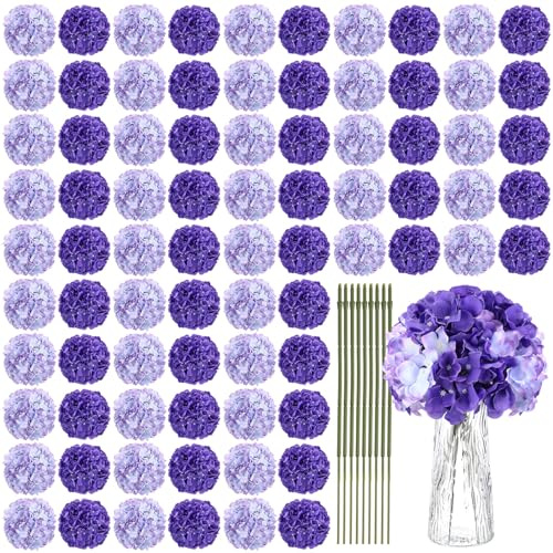 Yunsailing 100 Pcs Artificial Hydrangea Flowers Hydrangea Flower Heads with Stems Silk Faux Flowers for Wedding Centerpiece Fake Bouquet Home Indoor Garden Party Decoration (Dark Light Purple)