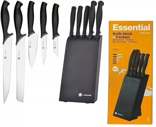 Fiskars Essential Messerblock Set, 5 Küchenmesser aus japanischem Stahl, Schwarzer Holzblock, 1200g