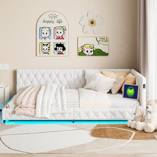 YLSZHY Gepolstertes Tagesbett, Doppelbettgestell 140 x 200 cm mit LED-Beleuchtung und Ladestation, Schlafsofa Teddy, Kinderbett mit Holzlattenrost, Lieferung ohne Matratze (Beige, 140x200 cm)