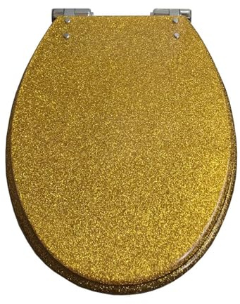 Abattant WC Ovale en résine pailletée 36 x 42 cm avec charnières à Fermeture silencieuse et à dégagement Rapide, Installation Facile, Nettoyage Facile, argenté