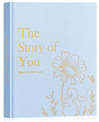 Lanpn Baby Memory Book for Boy Girl - The Story of You, Newborn Babys Book Keepsake Photo Album for New Parents, Linen Cover Baby First 5 Year Milestone Journal Scrapbook (Blue, 154 Pages)