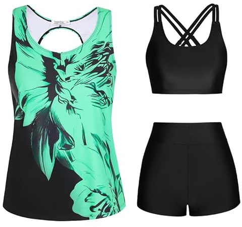 JASAMBAC 3-delad tankini-baddräkt för kvinnor badkläder linne med bikinitopp pojkshorts set, Grön positioneringsblomma, S