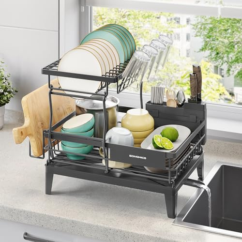 SONGMICS Dish Drying Rack, Dish Drainer Rack for Kitchen Counter, 360° Rotatable and Extendable Spout, Draining Board, with Cutlery Holder, 31 x 42 x 36.5 cm, Slate Grey KCS551G101 | 360° swivel and extendable pouring spout, cutlery holder, grey, PATALLA Collection KCS551G101