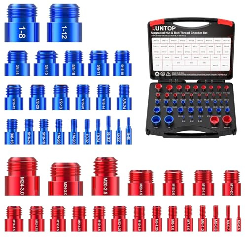 XUNTOP 44PCS Thread Checker 23Standard & 21Metric Nut and Bolt Thread Checker for Screw Measurement Aluminium Alloy Thread Gauge Box Set for Auto Repair DIY in Tricky and Narrow Area
