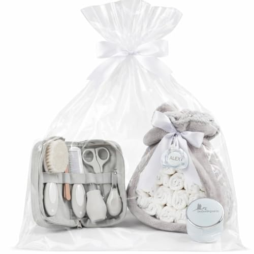 Tarta de Pañales para Recién Nacida con Manta Gris Bordada con nombre + 15 pañales Moltex Premium ecológicos | Talla 2 (3 a 6 Meses) + Chupete Personalizado (Azul) | BebeDeParis