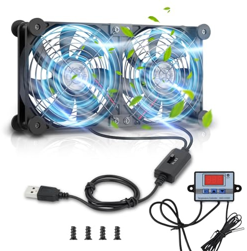 ELUTENG 2 i 1 USB-fläkt 120 mm, 5 V dubbel USB-ventilator med 3 hastigheter, 12 cm PC-fläkt med 8 dämpningsfötter och digital temperaturreglering för PS5, PS4, laptop, TV-box, router