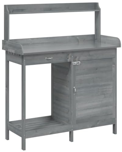 Owoxanthellate Tavolo per piante con armadio, grigio, 110,5 x 45 x 124,5 cm, in legno massiccio di abete, tavolo da giardinaggio con piano di lavoro zincato, cassetto e ganci, per giardino, balcone e
