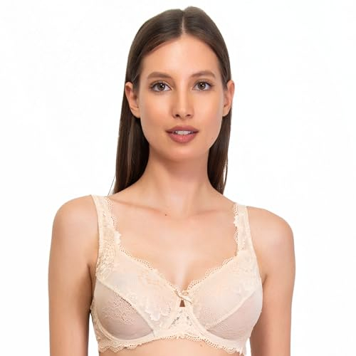 SÌèLEI, Reggiseno Francese con Ferretto, Realizzato in Morbido Pizzo, Tante Taglie Disponibili, Spalline Regolabili e Regolatore della Schiena in Regalo, Designed in Italy, Color Cipria, Taglia 5C
