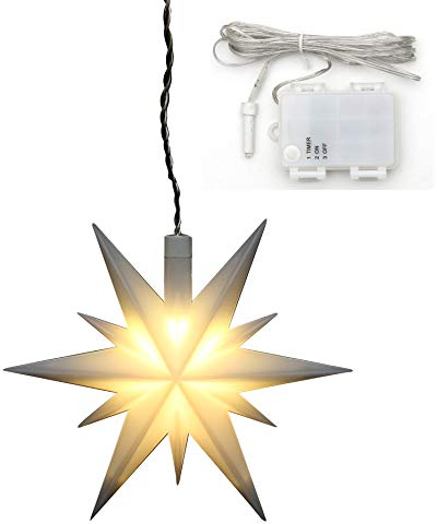 ***Weihnachtsstern aus Kunststoff in weiß, für Innen und Außen geeignet, inkl. LED Beleuchtung und 6h Timer, für Batteriebetrieb. Maße L/B/H: 13,5 x 5,5 x 12 cm.