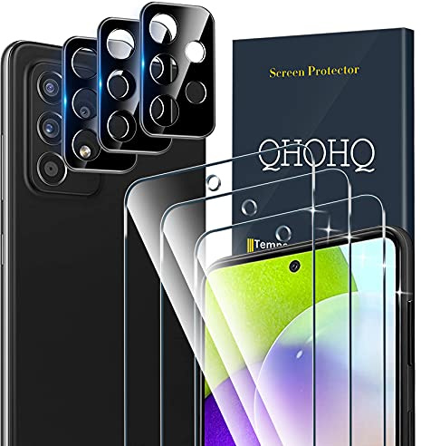 QHOHQ 3 Stück Panzer Schutz Glas für Samsung Galaxy A52 4G / A52 5G / A52S 5G mit 3 Stück Kamera Panzer folie, 9H Härte, Ultra-HD Displayschutzfolie, Anti-Kratz, Anti-Blasenfrei, Einfach Install