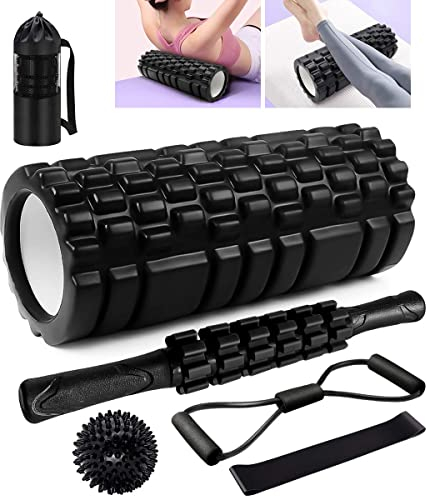 Faszienrolle, Qveetry Foam Roller Faszienrolle Sets mit Massageroller Stab, Widerstandsbänder Krafttraining, Massageball, Fitnessbänder, 33cm Schaumstoffrolle für Yoga Pilates, mit Poster (Schwarz)