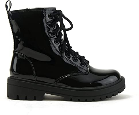 Soda Women Combat Army Military Motorcycle Riding Platform Lug Boots Side Zipper Firm-S Black Patent 7.5