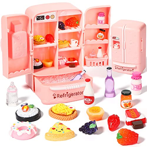 Civaner 17 Pieces Dollhouse Refrigerator Mini Fridge Toy with Christmas Mini Food Set Dollhouse Kitchen Furniture Food Toy Miniatures Kitchen Decoration Bottle Fruit Dessert for People (Lovely Style)