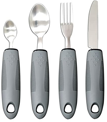 Juego de cubiertos de asas extra anchas de fácil agarre, asas gruesas, ideal para personas mayores, artritis con discapacidad, enfermedad (4 unidades, gris)
