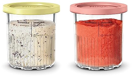 Ninja Creami Deluxe Pints 2 Pack, Compatible with NC500 Series Creami Deluxe Ice Cream Makers, Genuine Ninja Pint, BPA-Free & Dishwasher Safe, Color Lids, 1 Pint Each, Clear/Coral/Yellow, XSKPNTLD2​