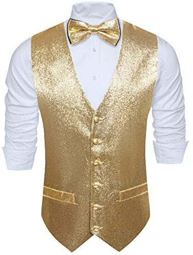 Barry.Wang Glänzende Herren-Weste mit Pailletten, Fliege, Set, glitzernd, lässig, Weste, Festival, Disco, Party, Abschlussball, gold, M