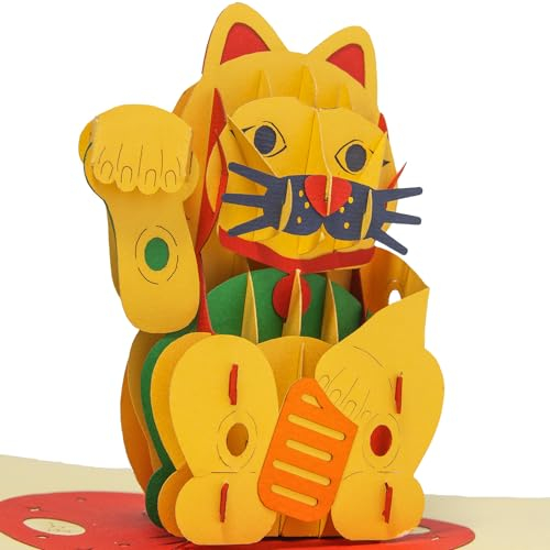 LINPOPUP® Pop-Up Karte Katze - 3d Karte Klappkarten Geburtstagskarte Katze, Gutschein, Glücksbringer, Japan, China, Maneki Neko, Glückskatze, Winkekatze, N308