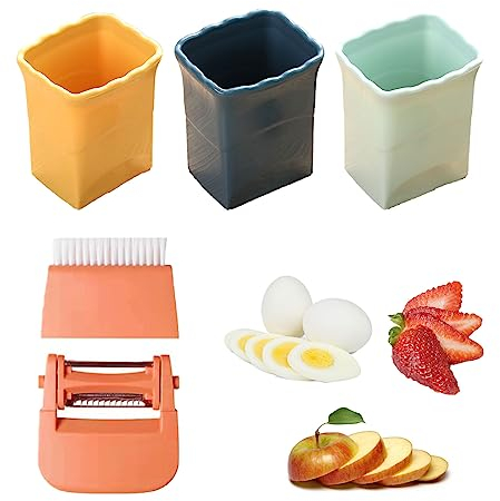 Juego de 4 Cortador de Frutas, Cortador de Huevos de Acero Inoxidable con Cepillo de Limpieza Multifuncional y Pelador de Manzanas, para Cortar Fresas, Kiwis y Plátanos