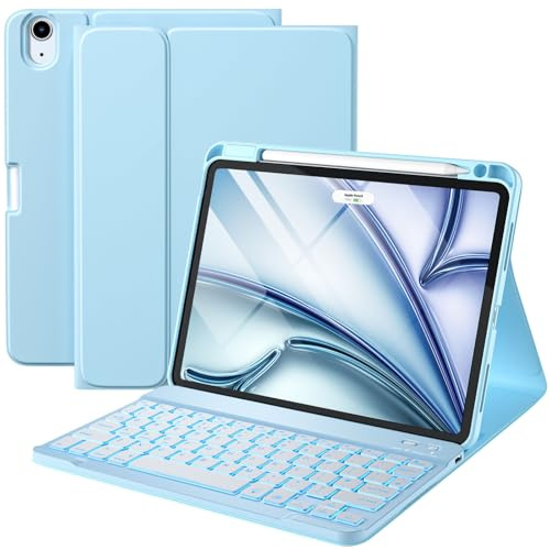 Vobafe Hülle mit Tastatur für iPad Air 11 Zoll M4 2026/M3 2025/M2 2024 | für iPad Air 5 4 2022 2020 10,9, 7 Farben Beleuchtete mit Abnehmbare Tastatur,TPU Rückschale mit Stifthalter,QWERTZ,Hellblau