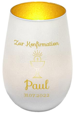 Windlicht mit Gravur zur Konfirmation | Weiß/Gold | Motiv Kelch | Geschenk zur Konfirmation Junge Mädchen | Tischdeko und Konfirmationsgeschenk personalisiert | Teelichtglas