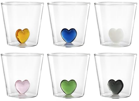 H&H Set 6 Bicchieri in Vetro Borosilicato, Trasparente, Cuore interno in Vetro, 300cc