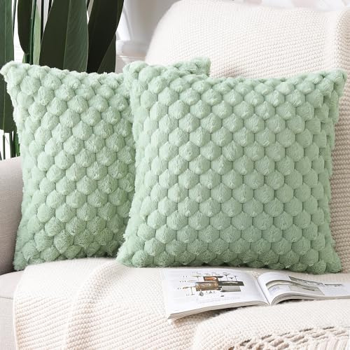 Madizz 2er Set Kunstpelz Plüsch Dekorative Kissenbezüge Weich Dekorative Kissenbezug für Sofa Schlafzimmer Kissen Shell Grün 45 x 45 cm