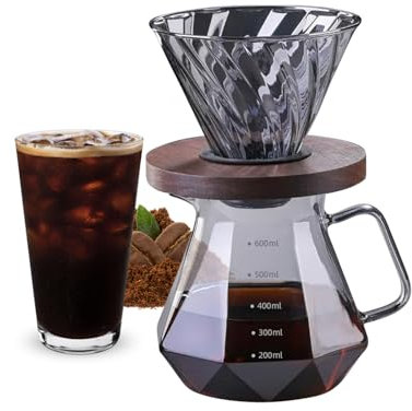 Inscrip Pour Over Cafetière à piston en verre borosilicate 400 ml/600 ml avec filtre en verre, anse en noyer, topper, machines à café infusées à la main pour la maison, le café, le restaurant et le