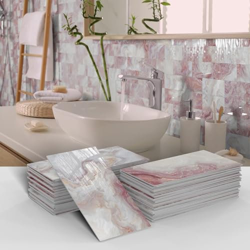 Credence Adhesive Pour Cuisine -Marbre Rose Salle De Bains Et Cuisine Stickers Carrelage, PVC Imperméable Credence Adhesive Décorative à Carreaux,Stickers Auto-Adhésif 48 Pièces(10x20cm)