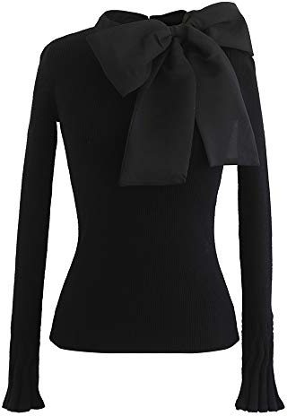CHICWISH Women Bow Tied Long Sleeve Knit Top Mock Neck Slim Fitted Elegant Blouses Top Solid Wrap Pullover Tops Black