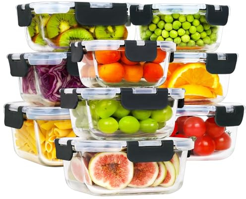 HOMBERKING 18 Piece Glass Food Storage Containers with Lids, Glass Meal Prep Containers, Airtight Lunch Bento Boxes, BPA-Free & Leak Proof, Oven, Freezer and Dishwasher Safe (9 lids & 9 Containers)