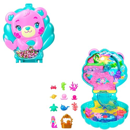 Polly Pocket - Cofanetto Magici Glitter, set portatile a forma di conchiglia con una microbambola sirena, cuccioli marini e 11 accessori a tema inclusi, giocattolo per bambini, 4+ anni, JCB16