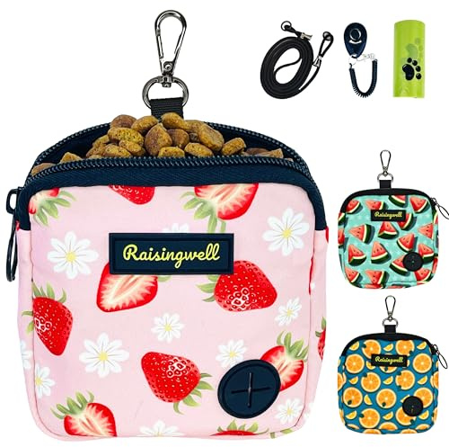 Raisingwell Leckerlitasche für Hunde, Multifunktionaler Futterbeutel für Hundetraining, Gassi Tasche mit Reißverschluss, Ideal für Snacks, Hundeleckerli, Futterdummy und Gassibeutel (Erdbeere)
