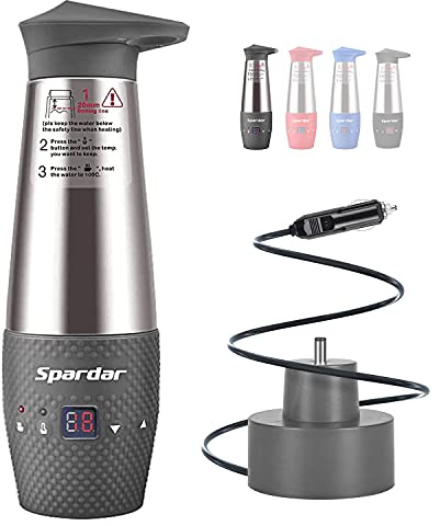 12V Car Kettle, 348ml Portable Electric Heater Cup with LCD Temperature Display & Adjustable Heat Preservation, Double-Wall 304 Stainless Steel Travel Kettle for Road Trip Camping Boiling Water