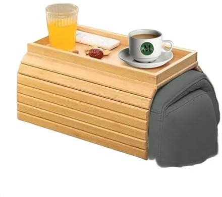 Bamboo Sofa Arm Tray, Foldable Couch Armrest Table & Remote Control Holder | Couch Roll Armchair Caddy with Raised Edge for Drinks, Phones & Remotes - Wooden Armrest Tray and Couch Cup Holder Side Table